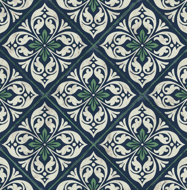 Seabrook Plumosa Tile Midnight Blue and Spearmint Wallpaper