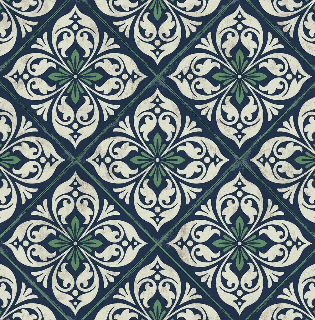 Seabrook Plumosa Tile Midnight Blue and Spearmint Wallpaper