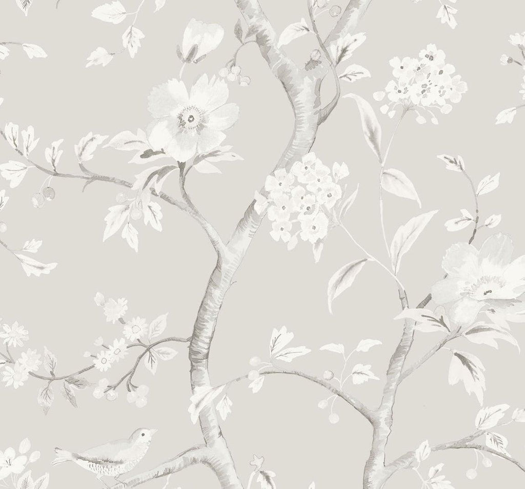 Seabrook Southport Floral Trail Metallic Silver and Fog Wallpaper
