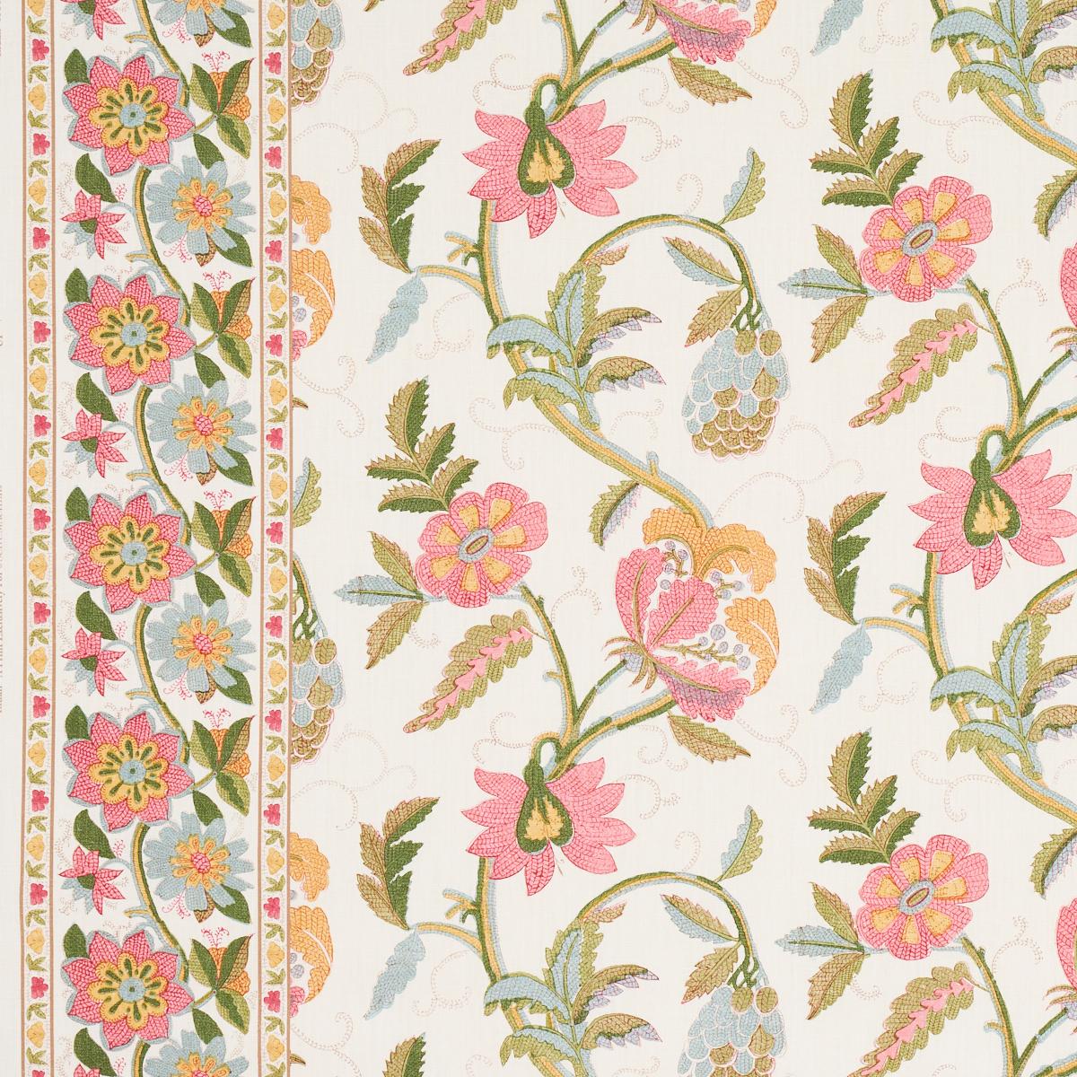 Schumacher Indali Bordered Linen Pink And Leaf Fabric