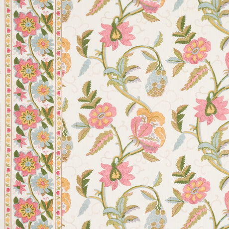 Schumacher Indali Bordered Linen Pink And Leaf Fabric
