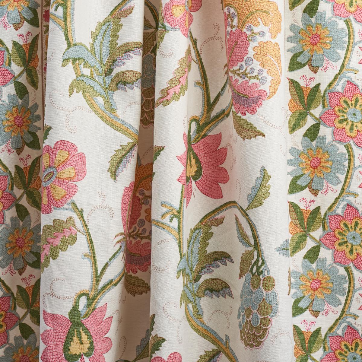 Schumacher Indali Bordered Linen Pink And Leaf Fabric