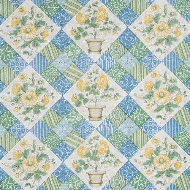 Schumacher Caldwell Patchwork Chintz Yellow And Cornflower Fabric