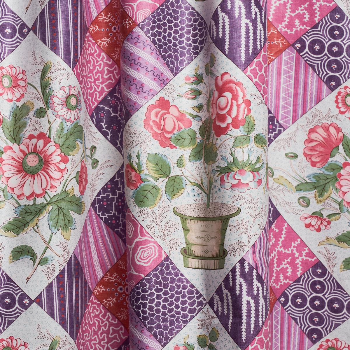 Schumacher Caldwell Patchwork Chintz Fuchsia And Plum Fabric
