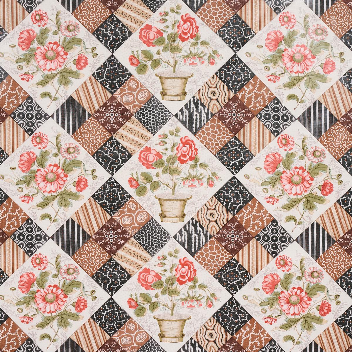 Schumacher Caldwell Patchwork Chintz Rose And Chocolate Fabric