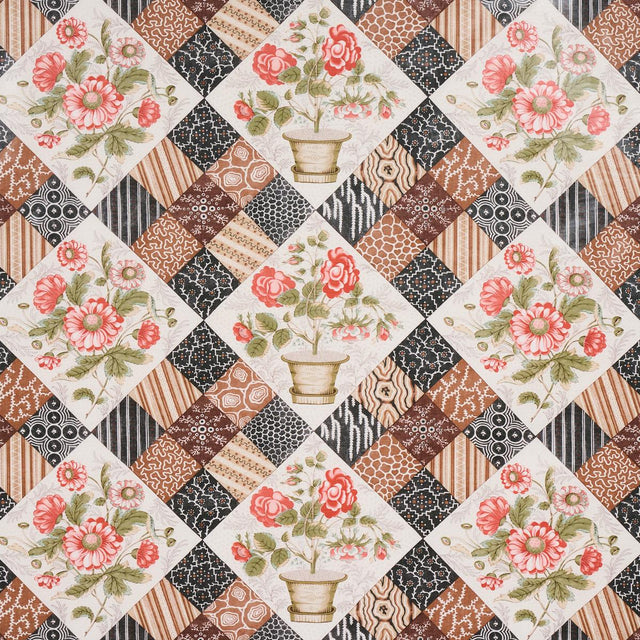 Schumacher Caldwell Patchwork Chintz Rose And Chocolate Fabric