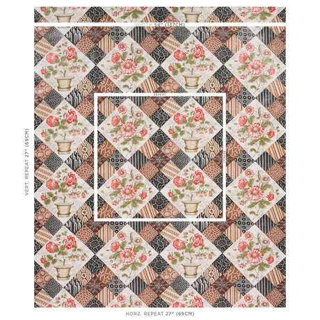 Schumacher Caldwell Patchwork Chintz Rose And Chocolate Fabric