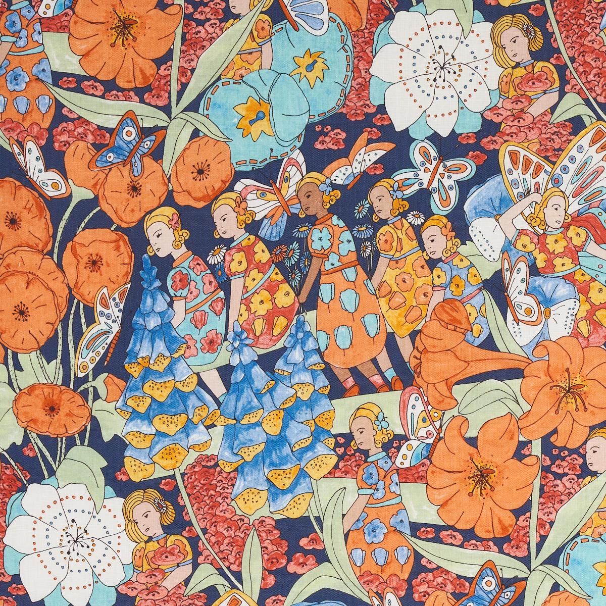 Schumacher Fairie Garden Orange And Navy Fabric