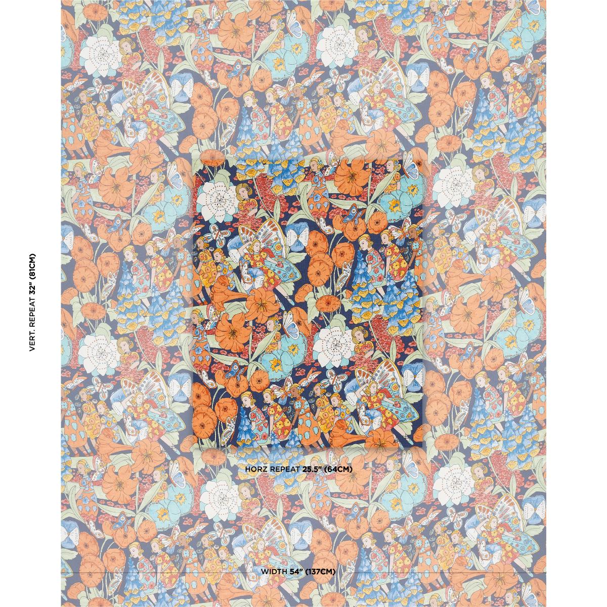 Schumacher Fairie Garden Orange And Navy Fabric