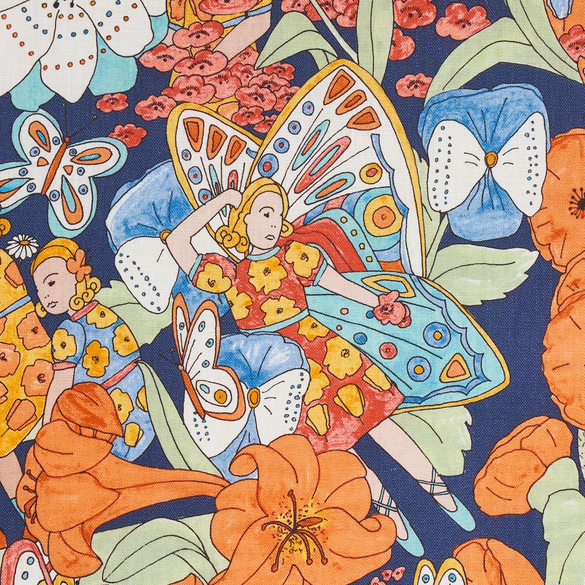 Schumacher Fairie Garden Orange And Navy Fabric
