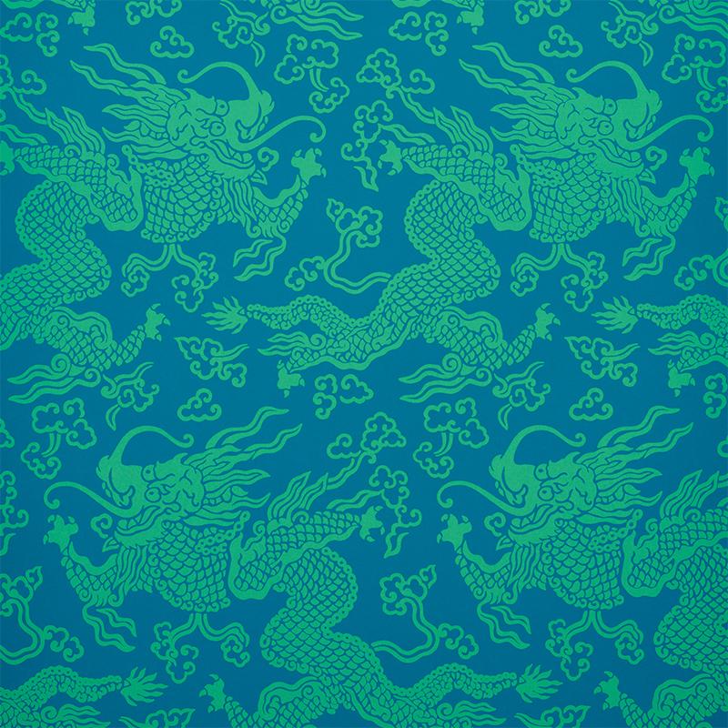 Schumacher Ruan Dragon Damask Peacock Wallpaper