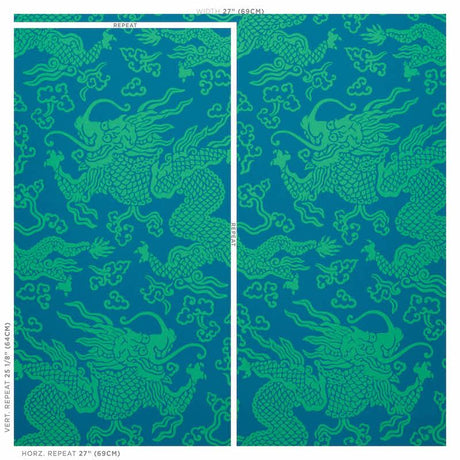 Schumacher Ruan Dragon Damask Peacock Wallpaper
