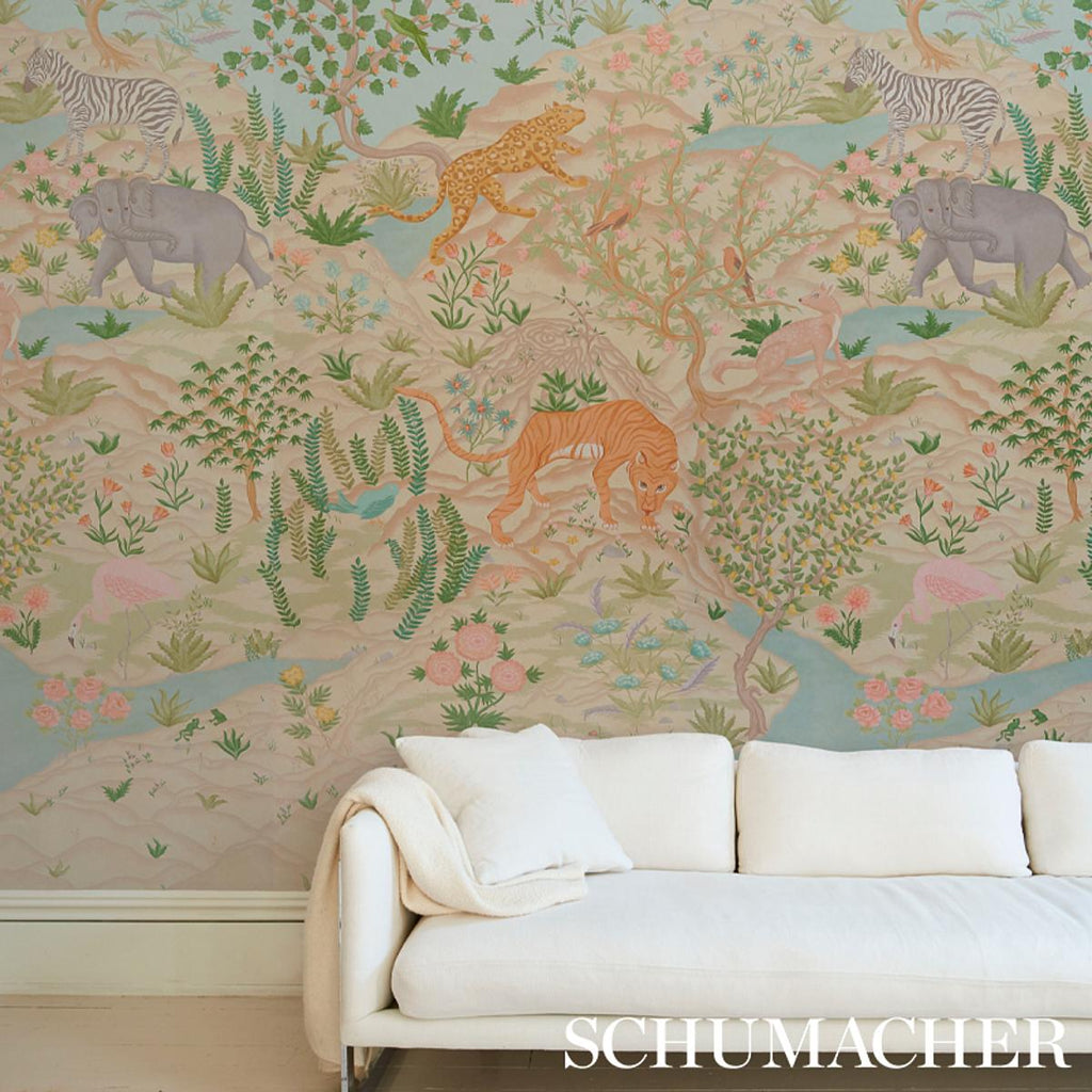 Schumacher Finches Jungle Panel Set Parchment Wallpaper