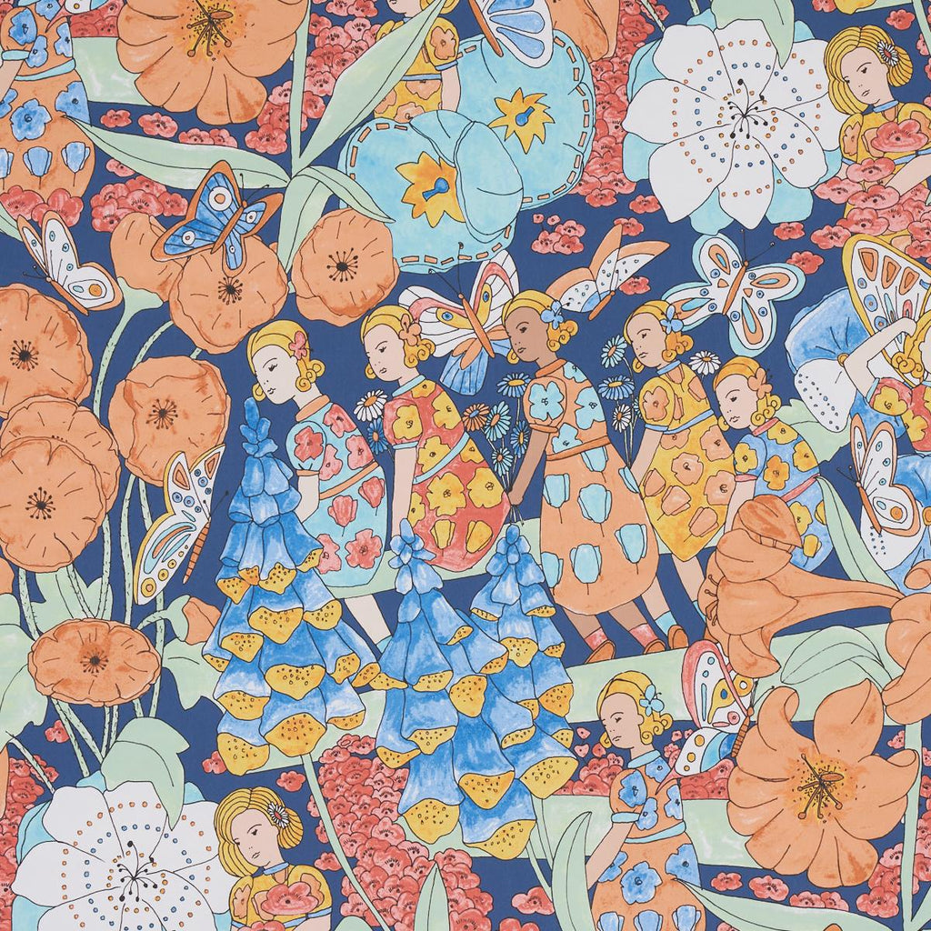 Schumacher Fairie Garden Orange And Navy Wallpaper