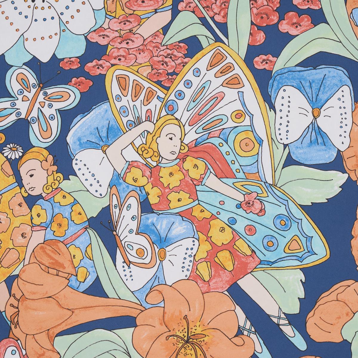 Schumacher Fairie Garden Orange And Navy Wallpaper