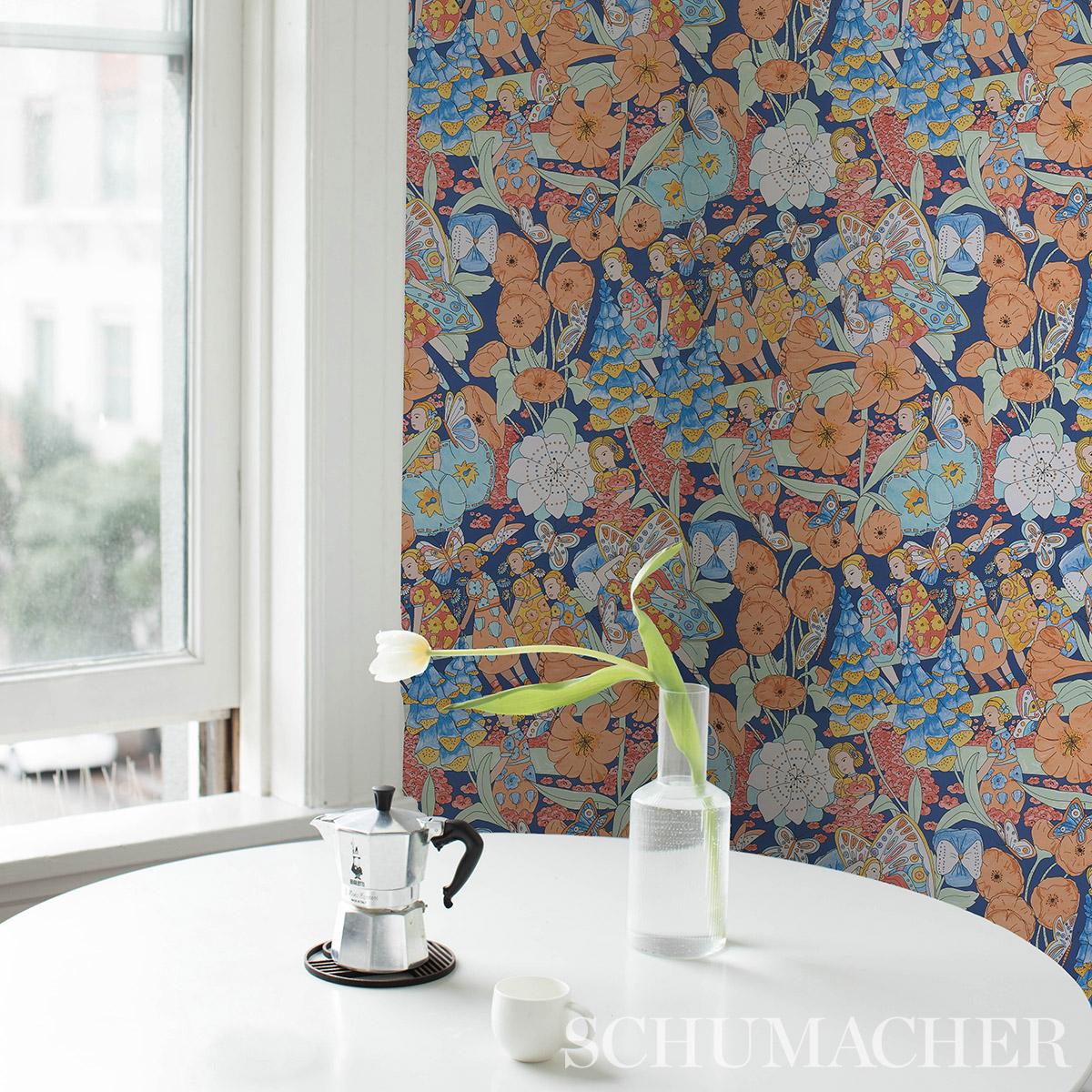 Schumacher Fairie Garden Orange And Navy Wallpaper