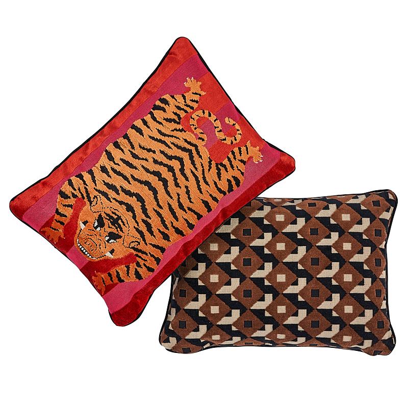 Schumacher Red & Pink 20" x 14" Jokhang Tiger Velvet Pillow