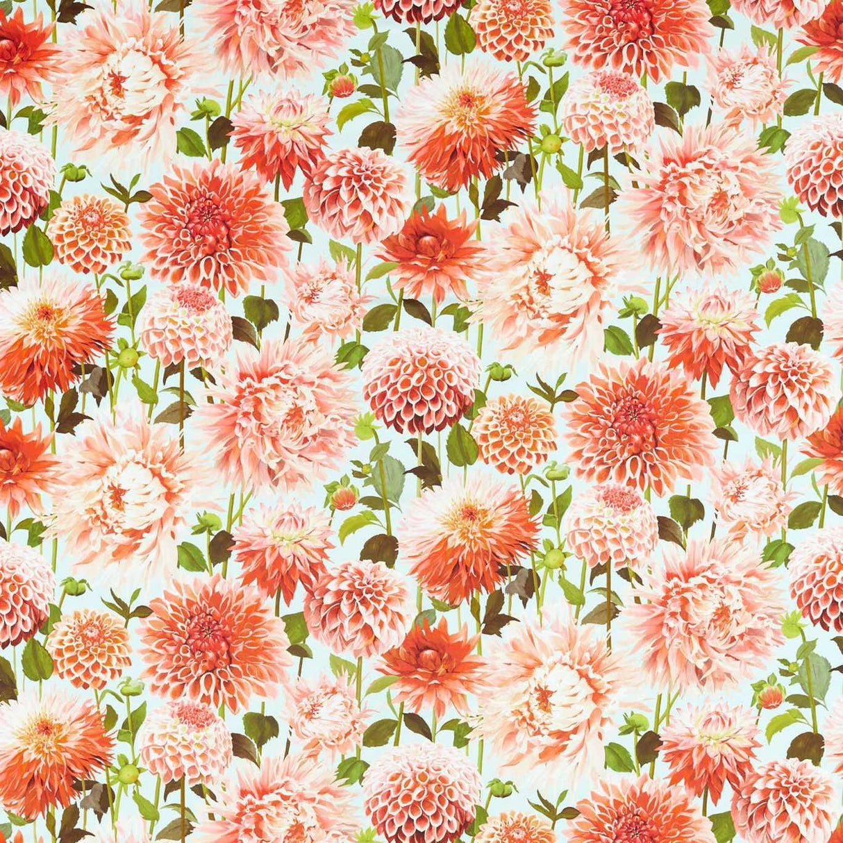 Harlequin Dahlia Coral/Fig Leaf/Sky Fabric