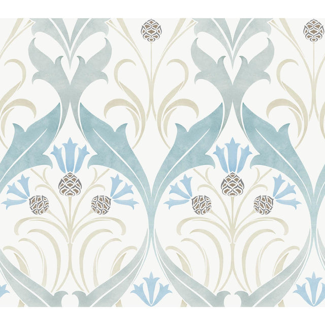 Ronald Redding Designs Pine Cone Ribbon Teal Wallpaper