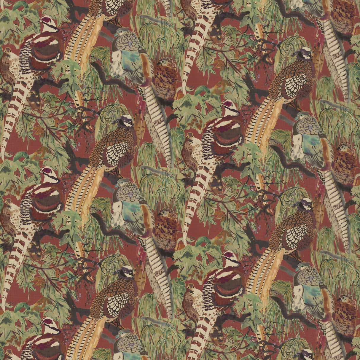 Mulberry GAME BIRDS LINEN RED/PLUM Fabric