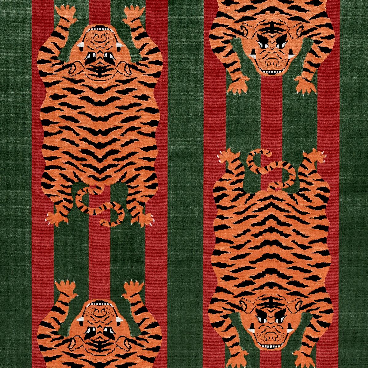 Schumacher Jokhang Tiger Velvet Red & Green Fabric