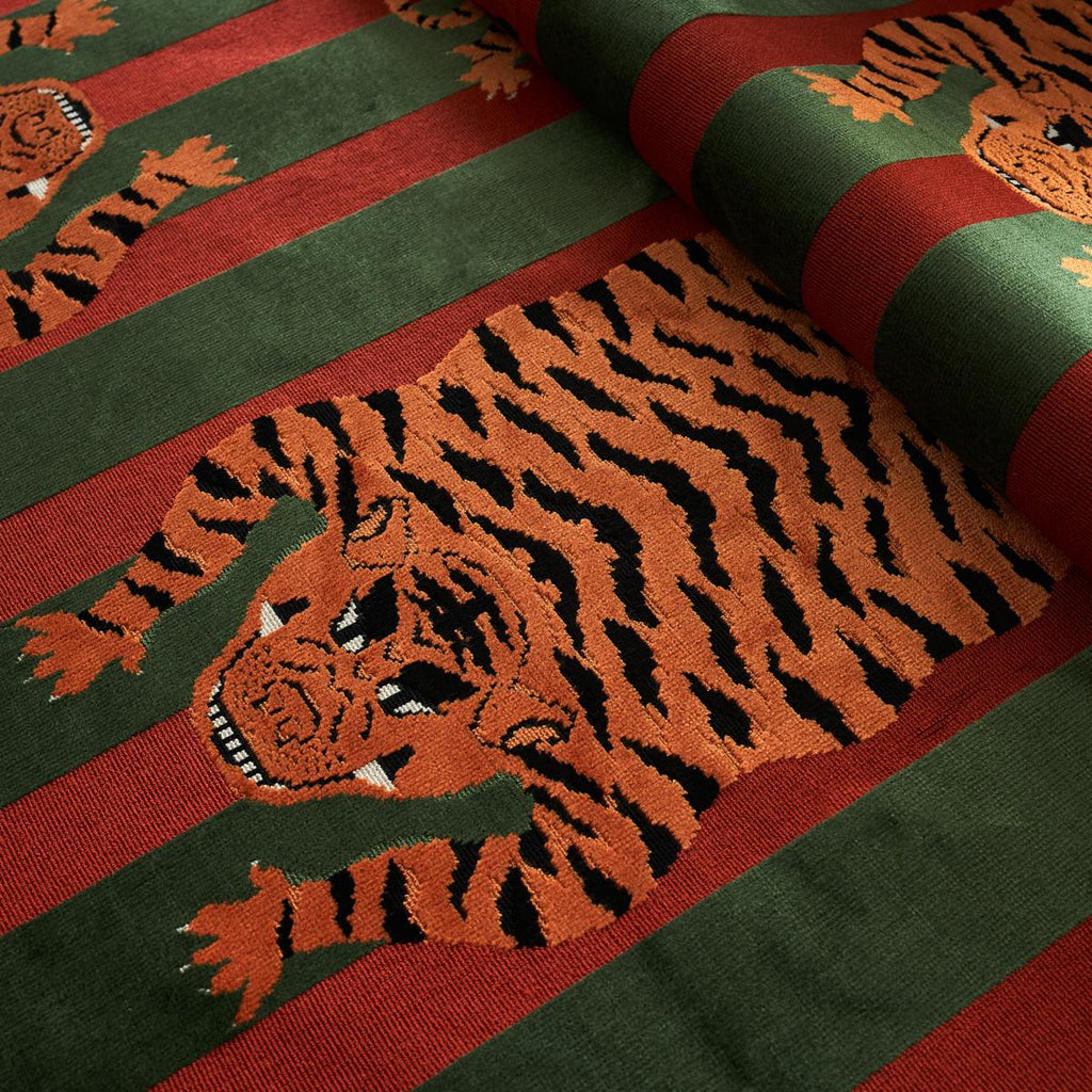 Schumacher Jokhang Tiger Velvet Red & Green Fabric