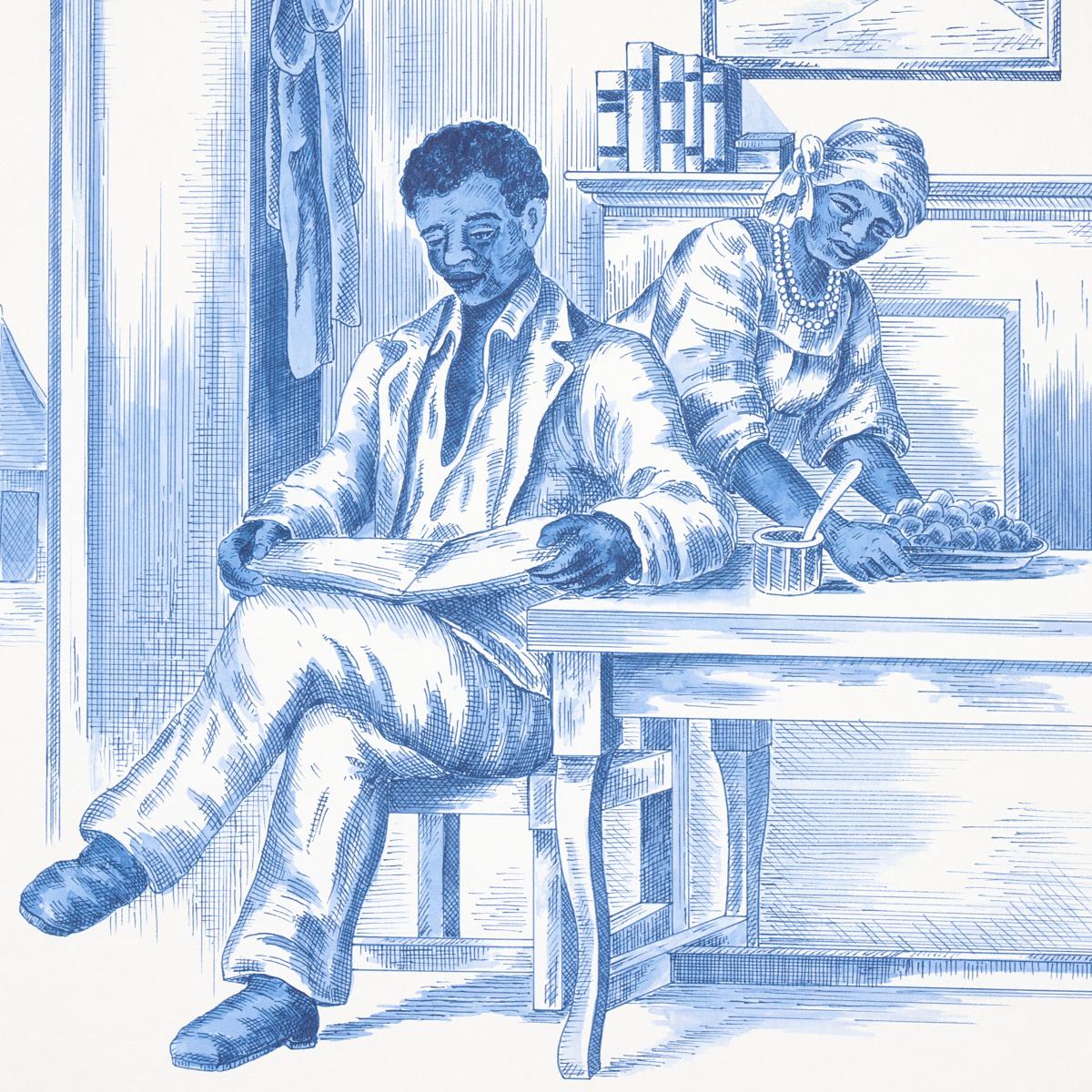 Schumacher Toussaint Toile Blue On Ivory Wallpaper