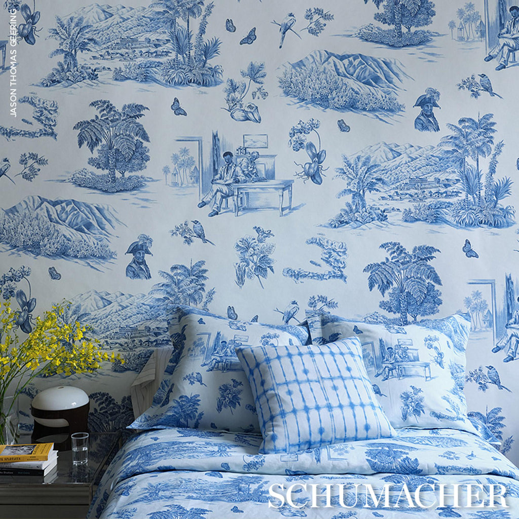 Schumacher Toussaint Toile Blue On Ivory Wallpaper
