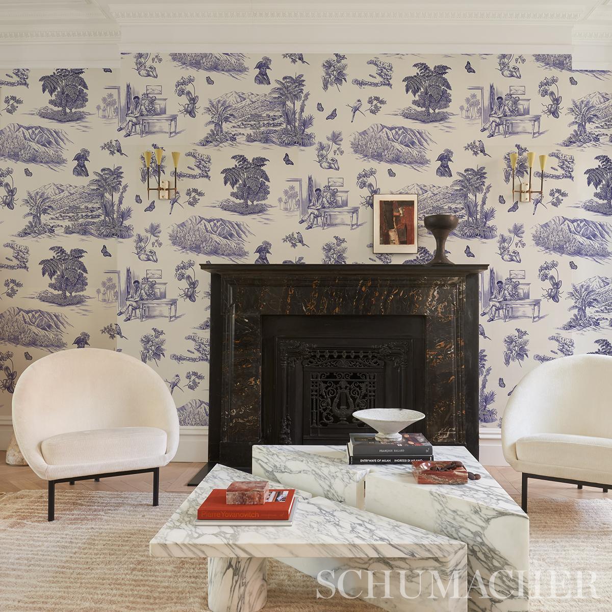 Schumacher Toussaint Toile Purple On Cream Wallpaper