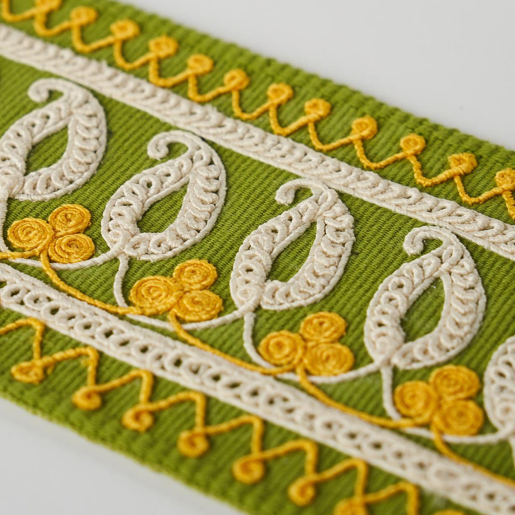 Schumacher Paisley Embroidered Tape Green & Yellow Trim