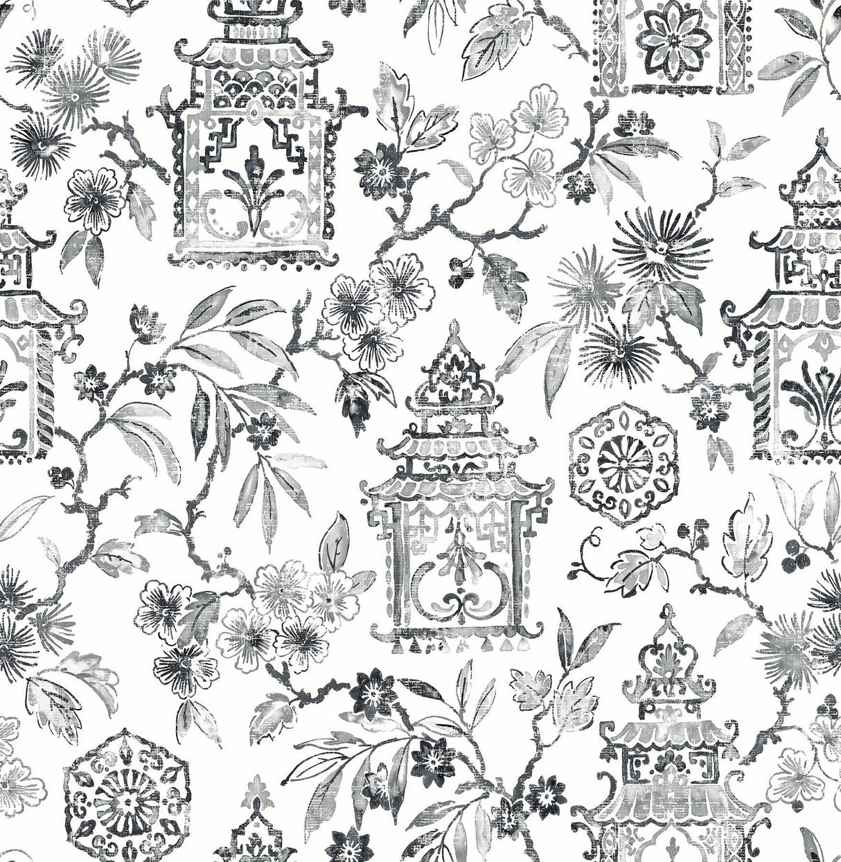 A-Street Prints Helaine Charcoal Pagoda Wallpaper
