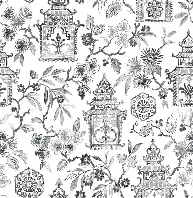 A-Street Prints Helaine Charcoal Pagoda Wallpaper