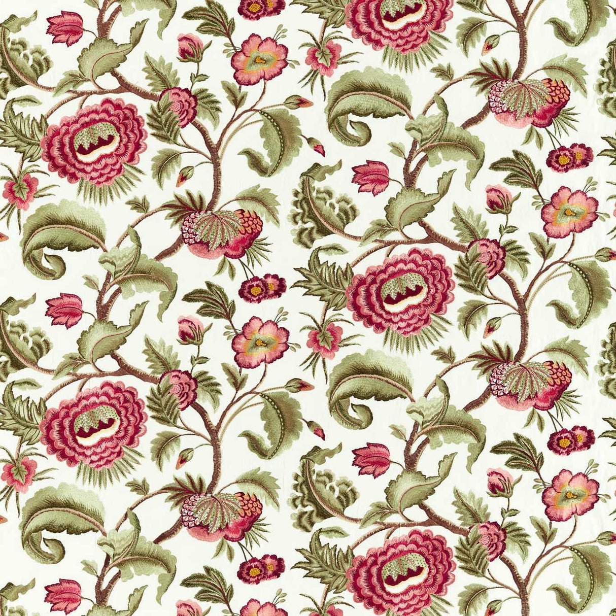 Zoffany Flamestitch Tree Embroidery Evergreen/Tuscan Pink Fabric