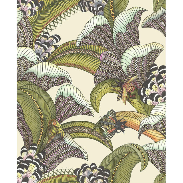 Cole & Son HOOPOE LEAVES OLIVE/CHART/FUCHSIA ON CREAM Wallpaper