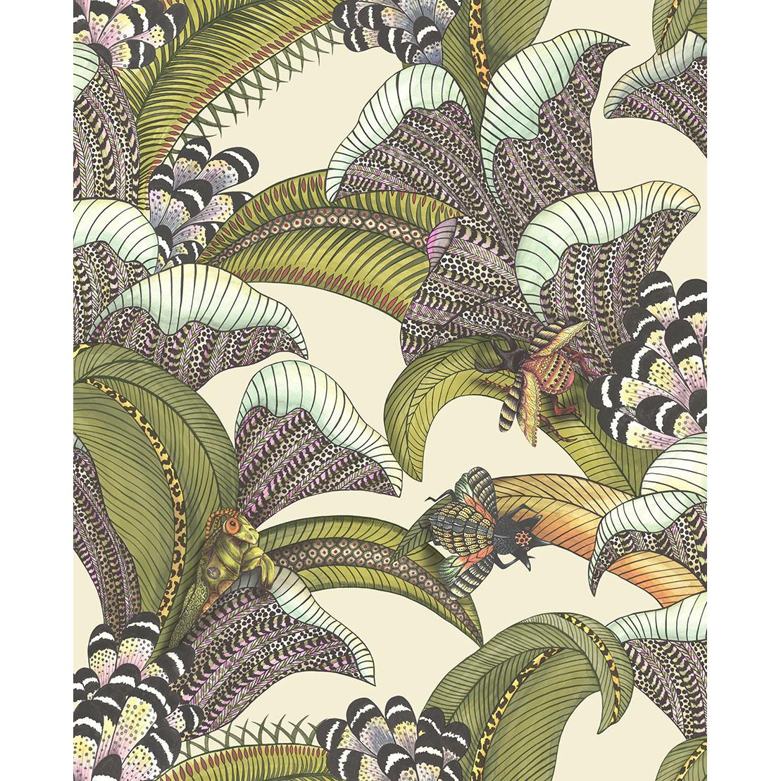 Cole & Son HOOPOE LEAVES OLIVE/CHART/FUCHSIA ON CREAM Wallpaper