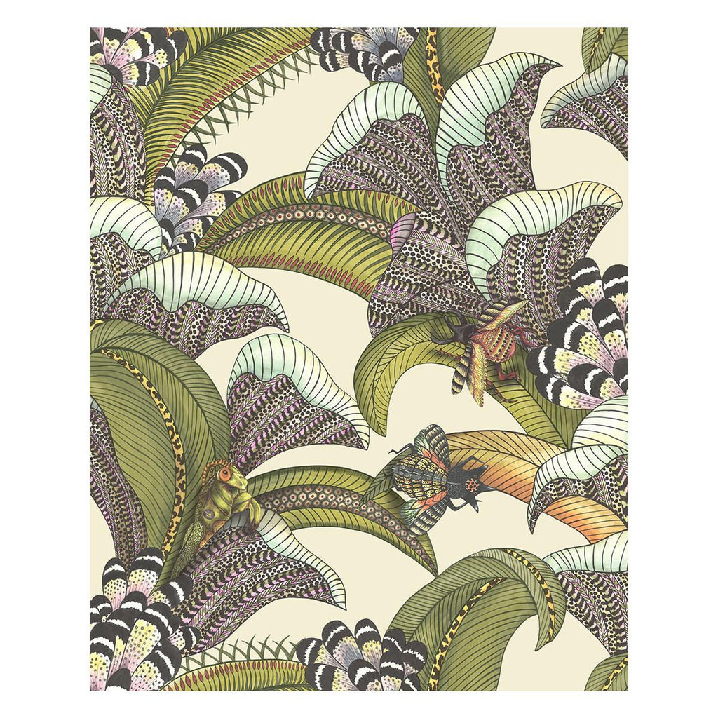 Cole & Son Hoopoe Leaves Olive/Chart/Fuchsia On Cream Wallpaper