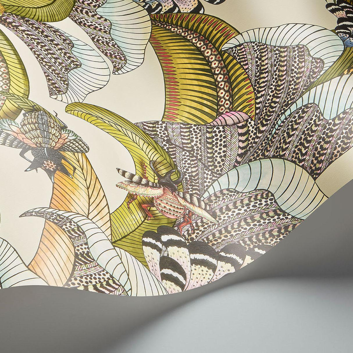 Cole & Son HOOPOE LEAVES OLIVE/CHART/FUCHSIA ON CREAM Wallpaper