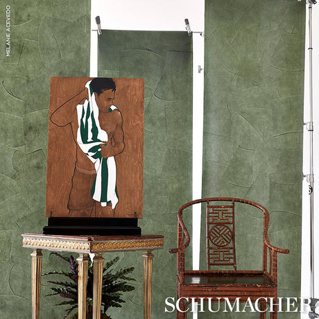 Schumacher Hand Combed Plaster Green Leaf Wallpaper