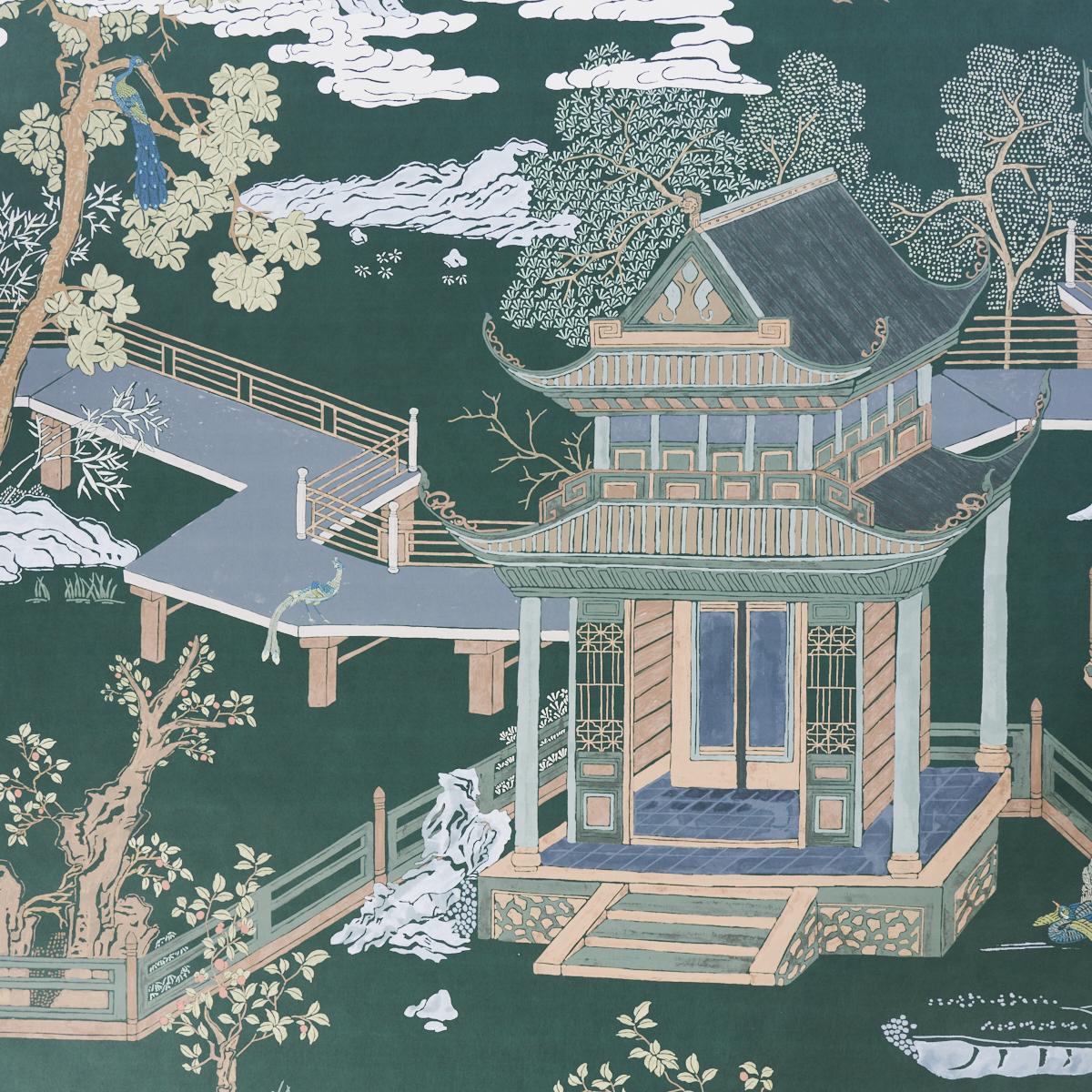 Schumacher Coromandel Panel Set Midnight Green Wallpaper