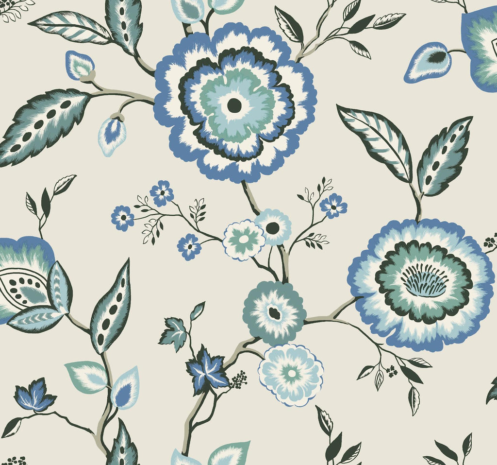 York Dahlia Blooms Dove/Cornflower Blue Wallpaper