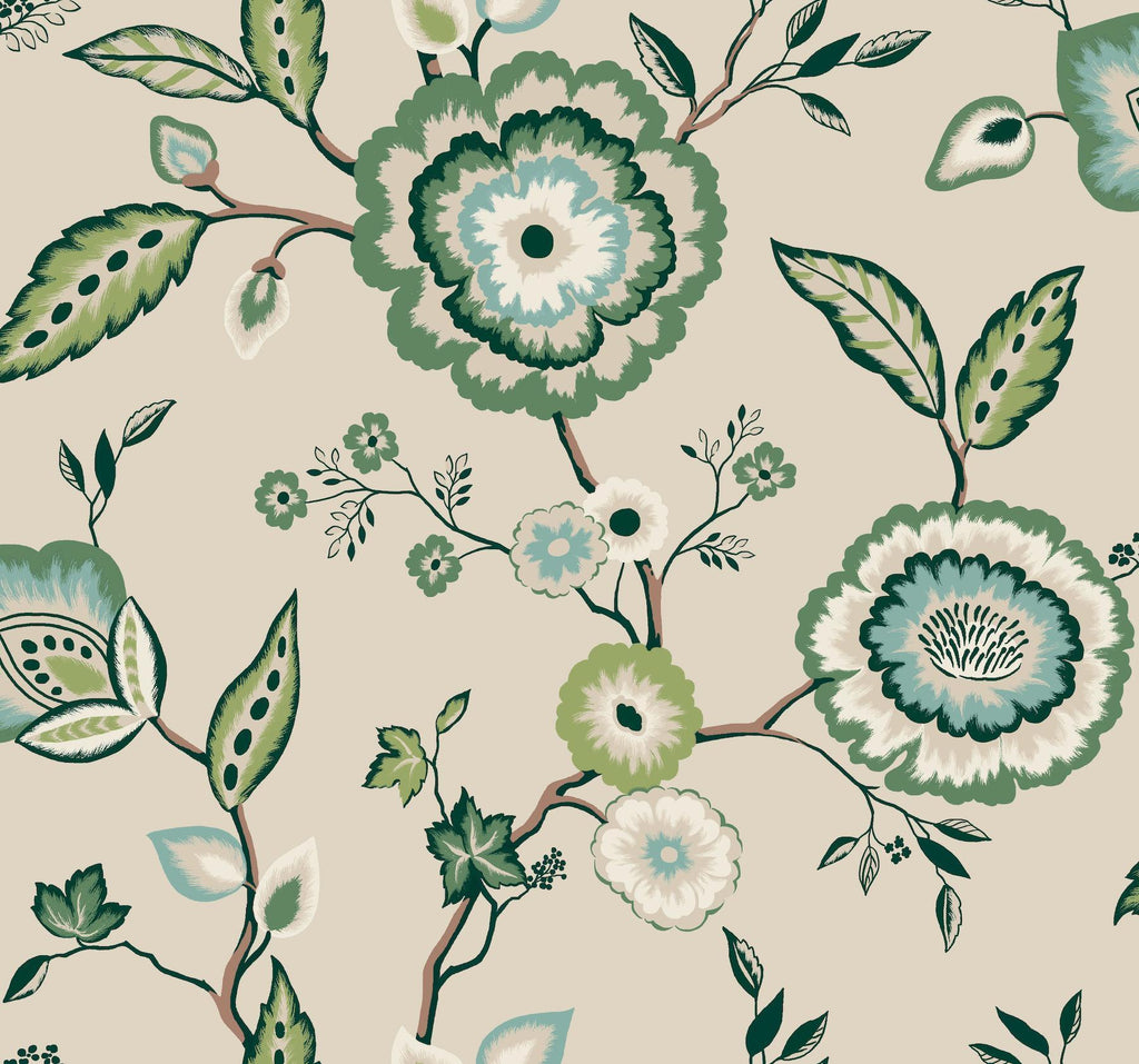 York Dahlia Blooms Linen/Jade Gereen Wallpaper