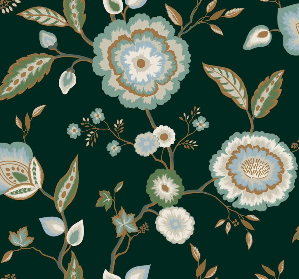York Dahlia Blooms Forest/Seafoam Green Wallpaper