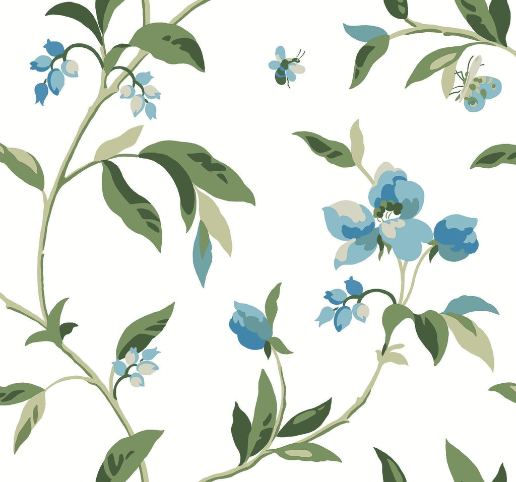 York Springtime Cotton/Peacock Blue Wallpaper