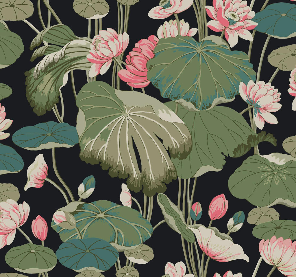 York Lotus Pond Midnight/Flamingo Black Wallpaper