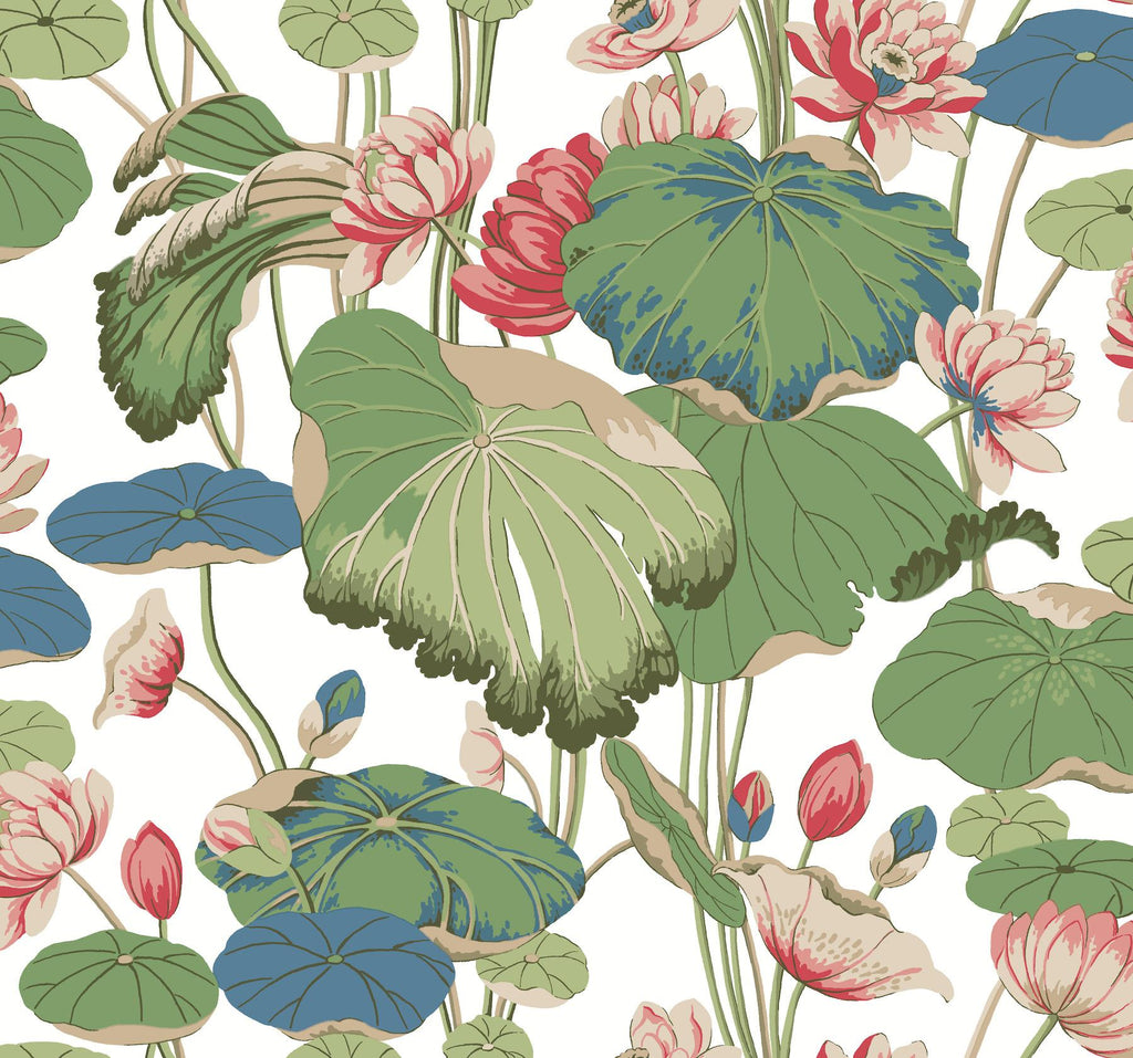York Lotus Pond Cotton/Peacock Green/Pink Wallpaper