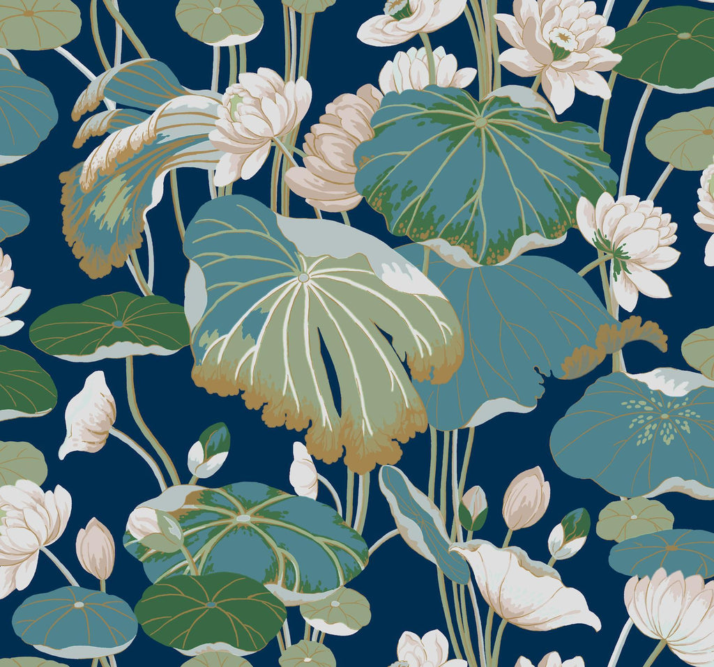 York Lotus Pond Indigo/Gold Navy Wallpaper
