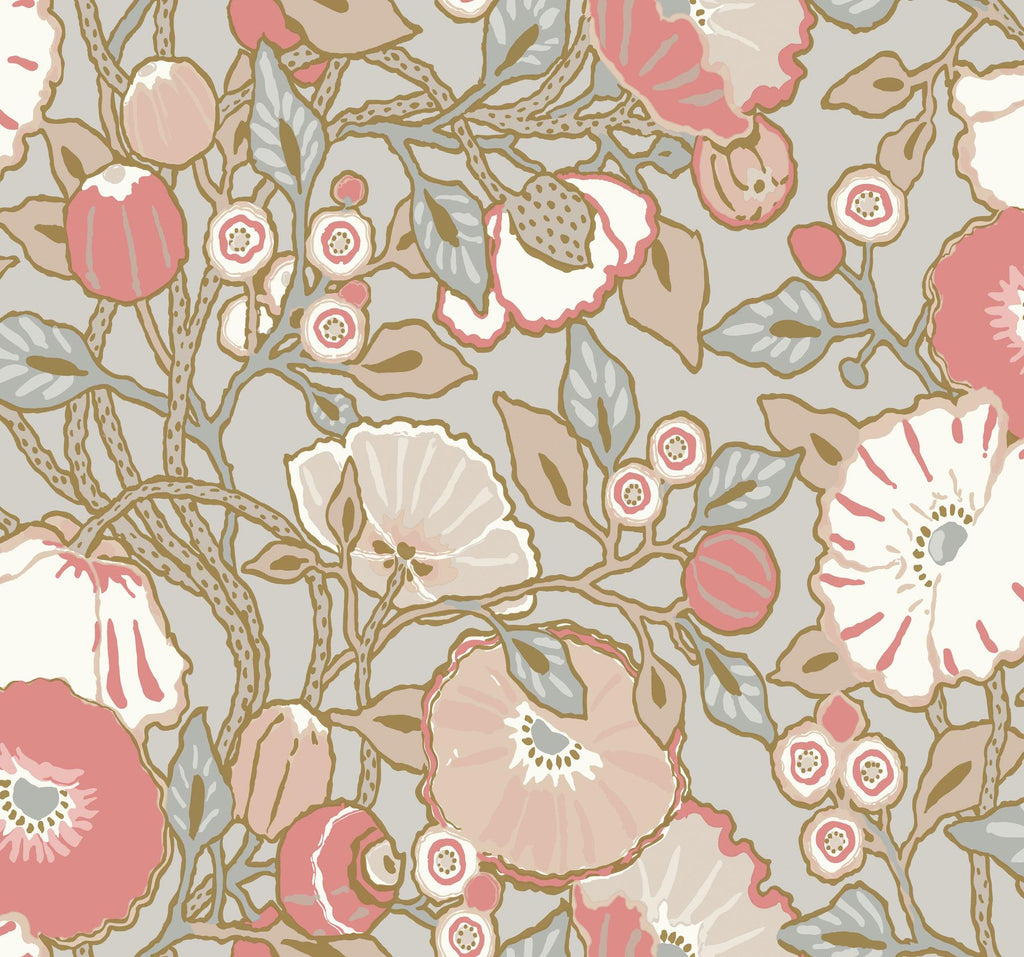 York Vincent Poppies Dove Grey/Pink Wallpaper