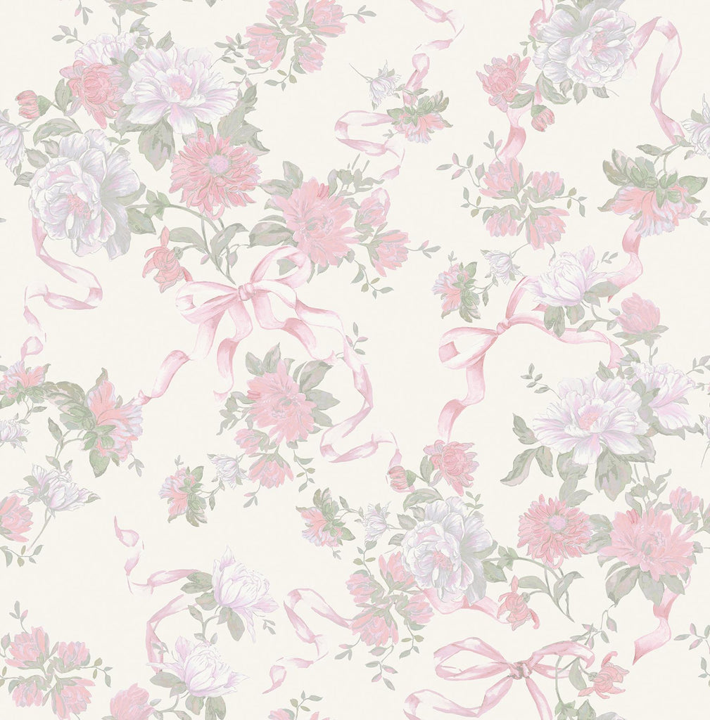 A-Street Prints Cabbage Rose Bow Ribbons & Roses Pretty in Pink Wallpaper