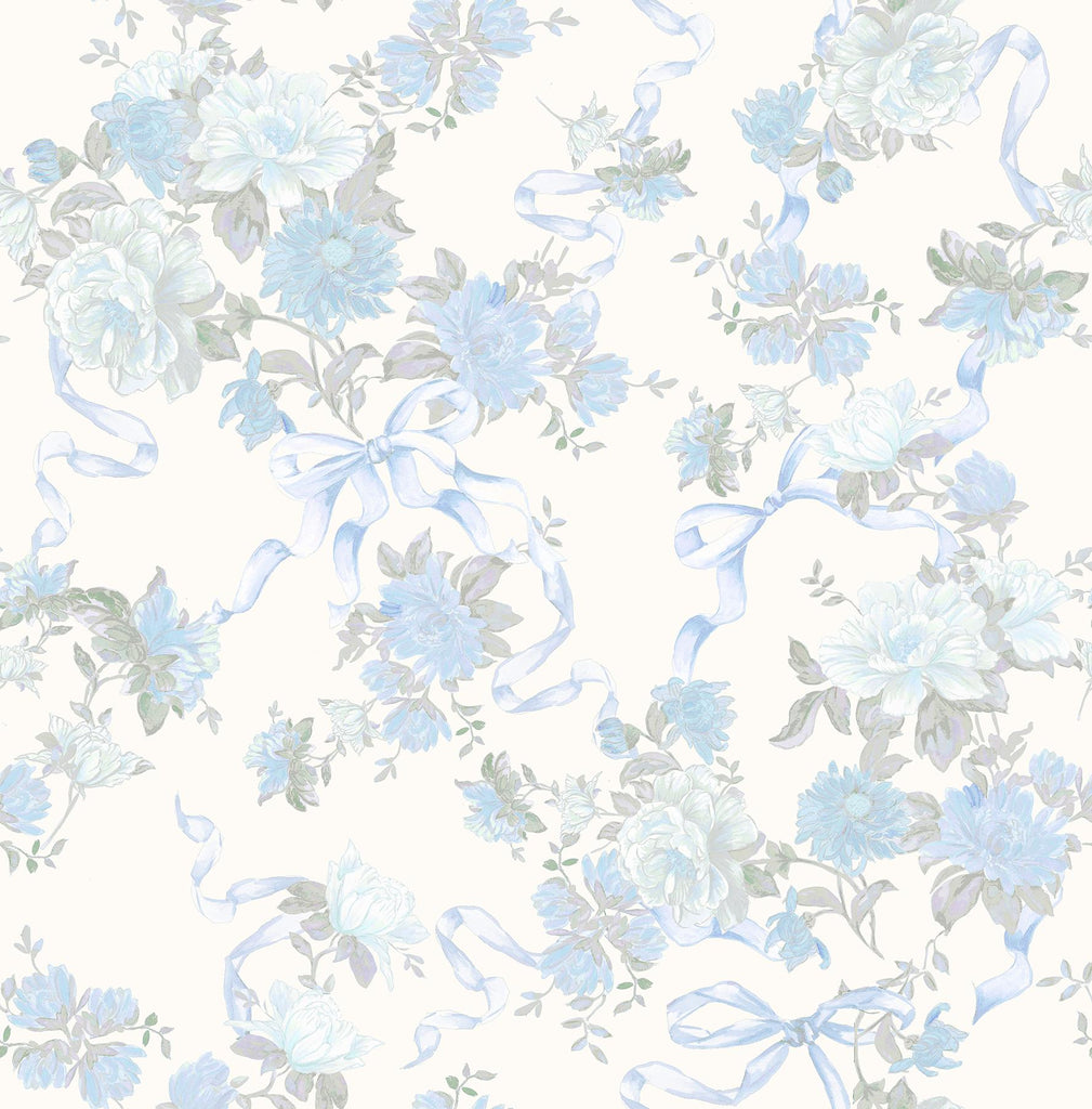 A-Street Prints Cabbage Rose Bow Ribbons & Roses Dusty River Blue Wallpaper
