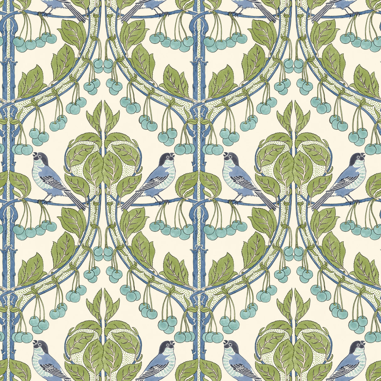 G P & J Baker BIRDS & CHERRIES GREEN/BLUE Wallpaper